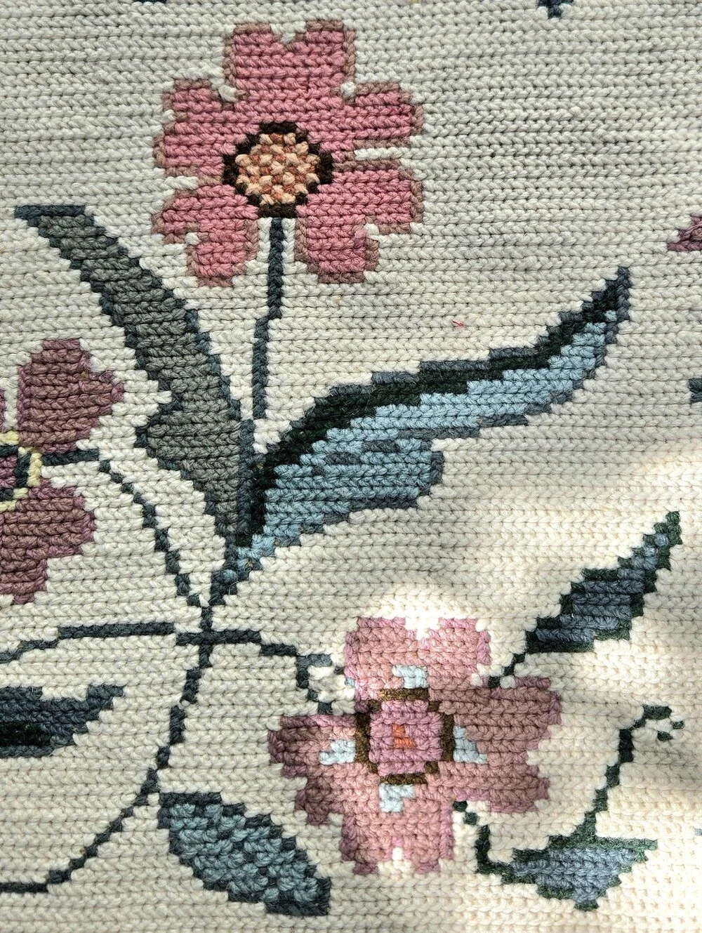 Handknitted Floral Tapestry Pink & Green Fringed Shabby Cottagecore Coquette
